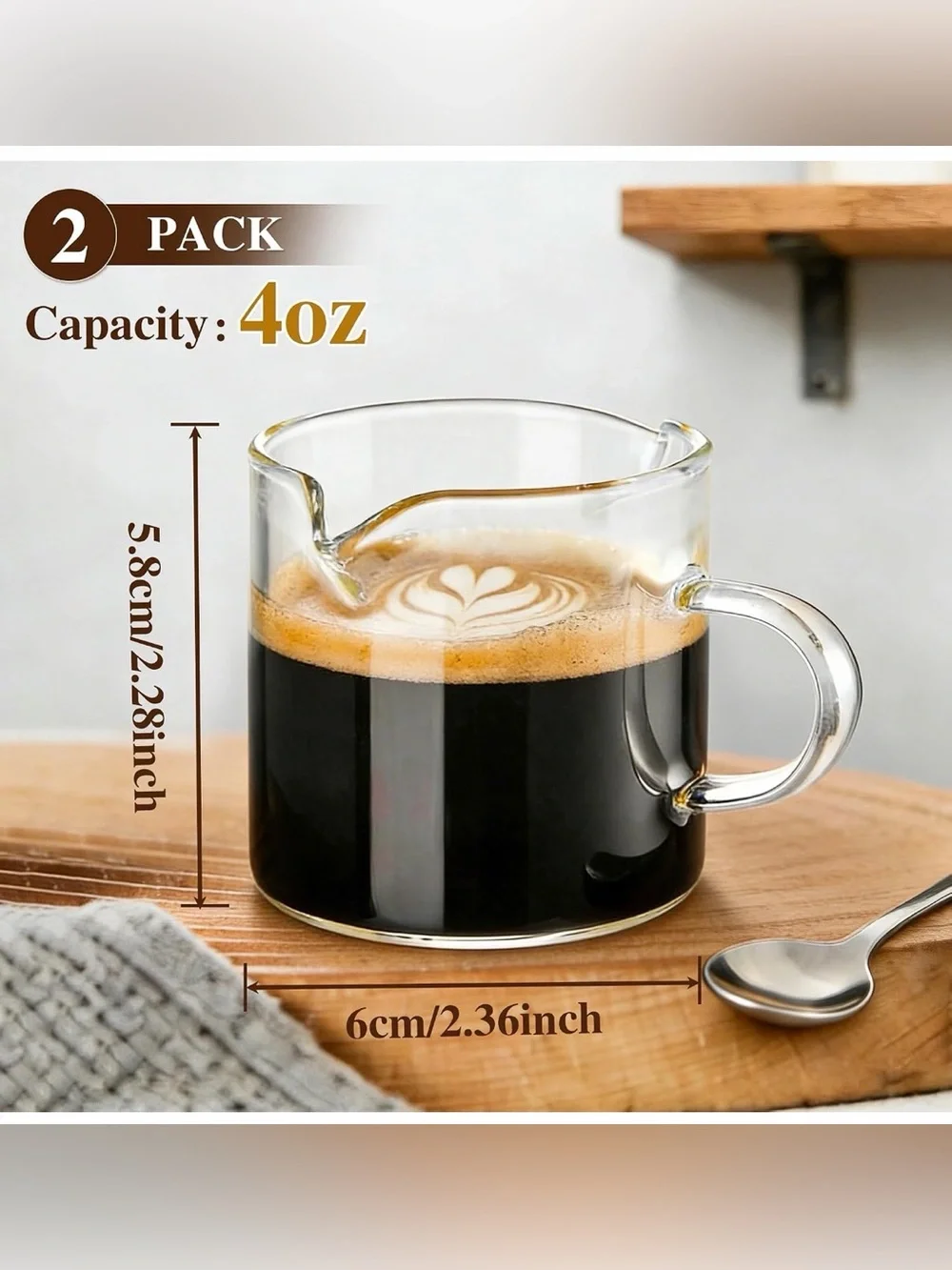 Set of 2 Espresso Cups 4oz Double Spout Clear Glass